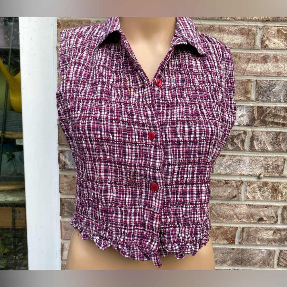 90s Y2K Plaid Youth Size Basic Equipment Maroon/Navy/White Smocked Vest Top